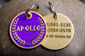 Engraved Greek Laurel Pet ID Tag - Cat or Dog Royal Purple and Gold Name Tag - Greek God Pet ID Tag